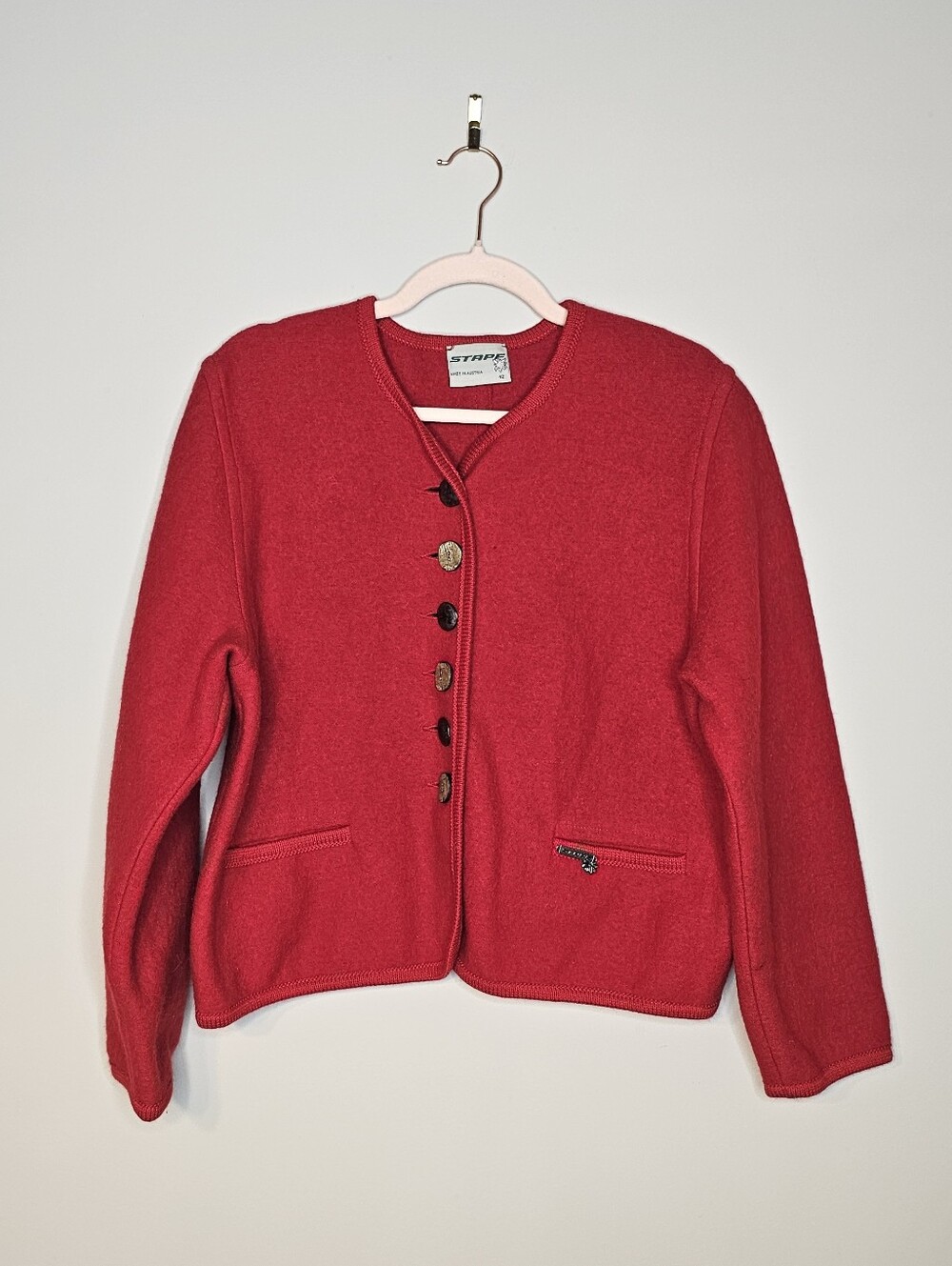 Vintage Stapf Boiled Wool Button Front Cardigan Austria Size 42 US Medium Red